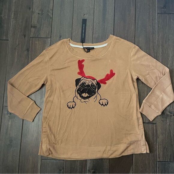 Jane & Delancey Tan Reindeer Pug Soft Sweatshirt S NWT - Picture 1 of 4